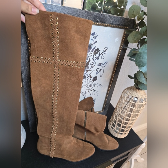 Michael Kors Malin Over The Knee Boots Brown And Gold Suede Boots Size 9 - Picture 3 of 11